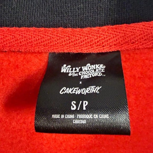 Cakeworthy Willy Wonka Bar Women's Bold Red and Black Sweatshirt Quarter Zip - Picture 3 of 10